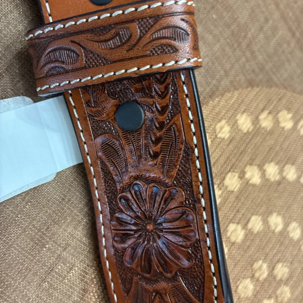 3D Belt Co. Men's Leather Belt Western Buckle Handtool Weave Pattern Sz. 46 NWT